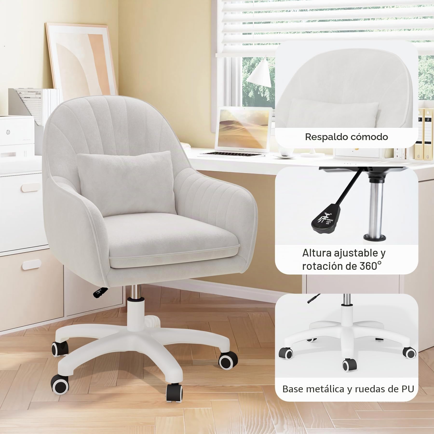 Oficina para teletrabajo, Silla de Terciopelo con reposacabezas, Altura Regulable, Silla de Oficina ergonómica, Silla giratoria para maquillarse, para Dormitorio, hasta 120 kg, Color Blanco