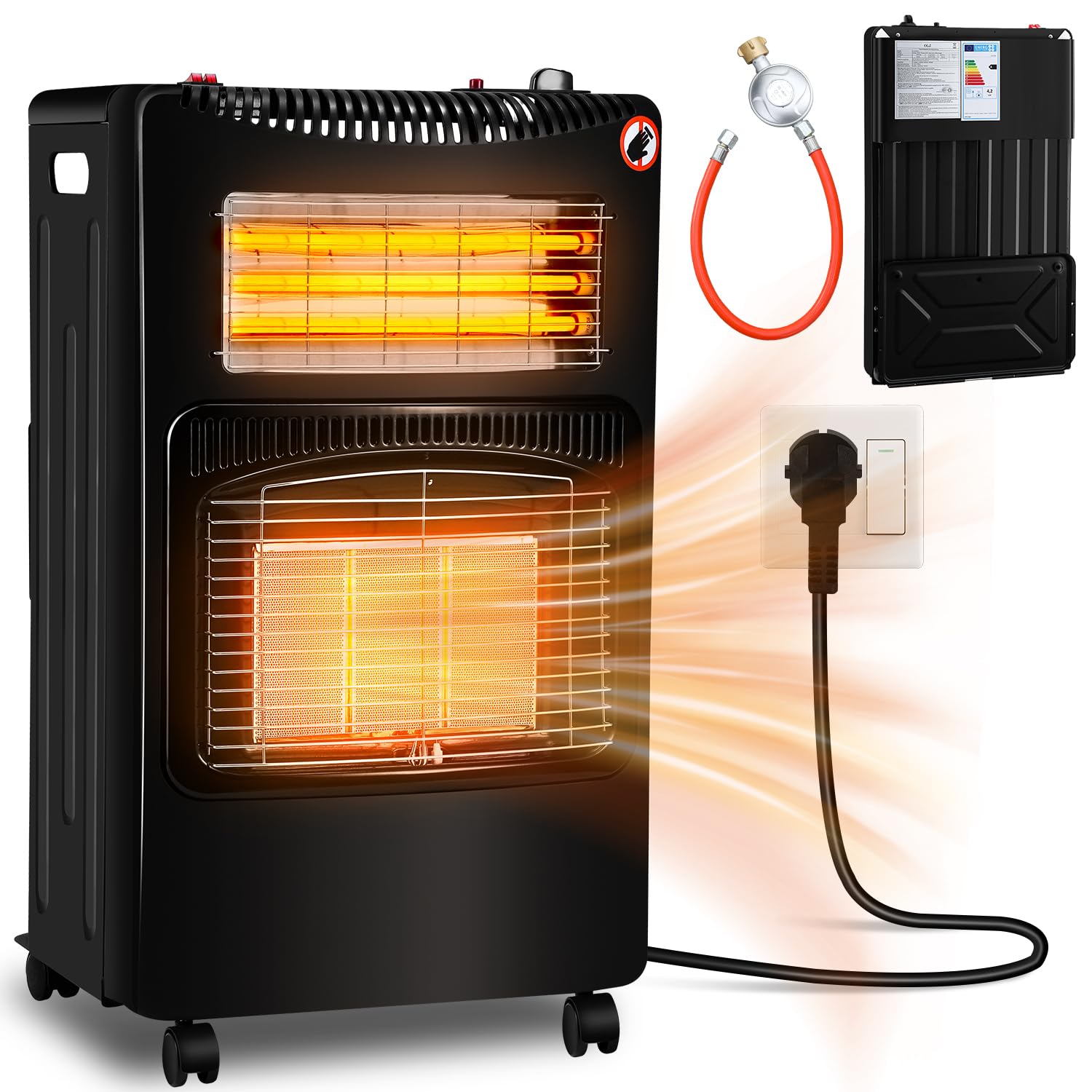 Gasheizer 4200W & Elektroheizung 1260W, Elektrische Gas-Zweizweckheizgeräte, Infrarot Heizstrahler, Heizstrahler Gasheizgerät mit 3 Schutzvorrichtungen, Gasheizofen, Gasflaschen bis zu 15 kg