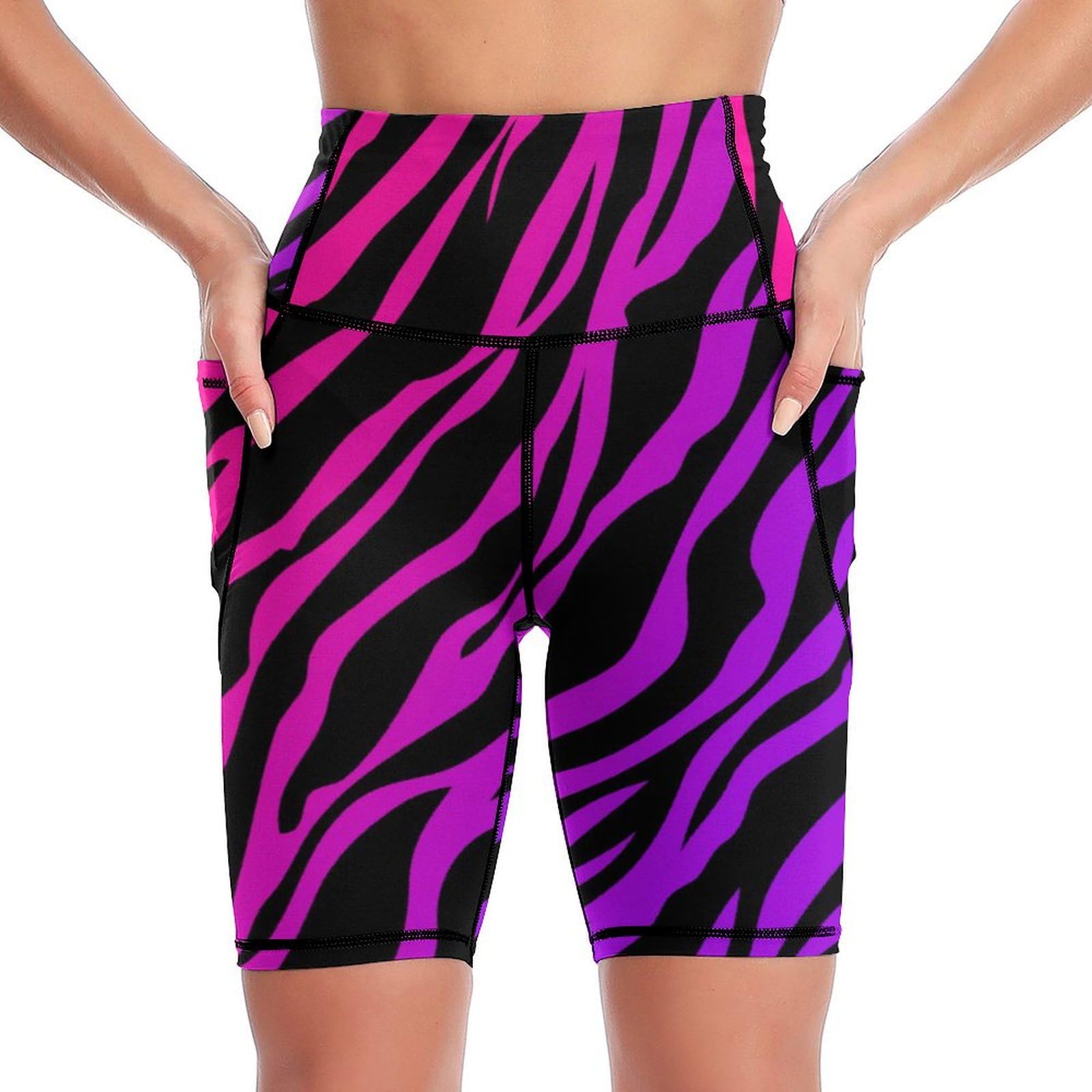 Jiupopular Women's Style Knee-Length Yoga Shorts,Zebra Tiger Leopard Pink, Running Sports Shorts With Double Pockets