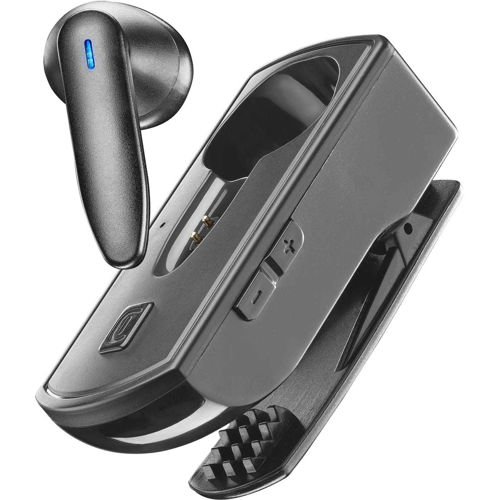 cellularline | CLIP PRO | Auricolare Bluetooth Mono con Base di Ricarica con Clip - Total Play Time 30h - Charging Time 1.5h - Tasto di Risposta - Tasti Regolazione Volume - Nero