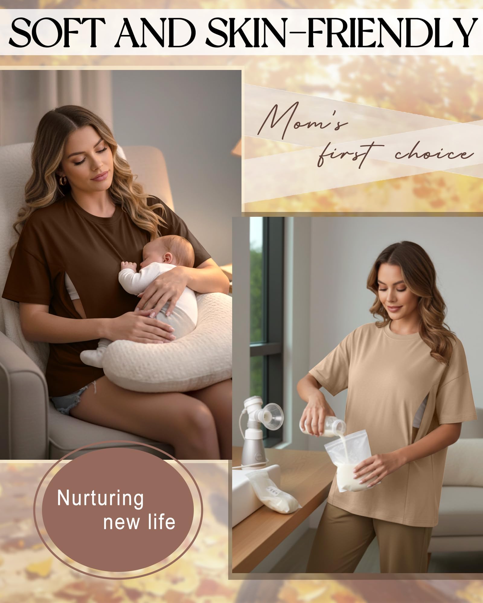 Xuniea Pack de 3 Camisetas de Lactancia Maternidad para Mujer Oversize Manga Corta Cremallera Oculta Corte Holgado