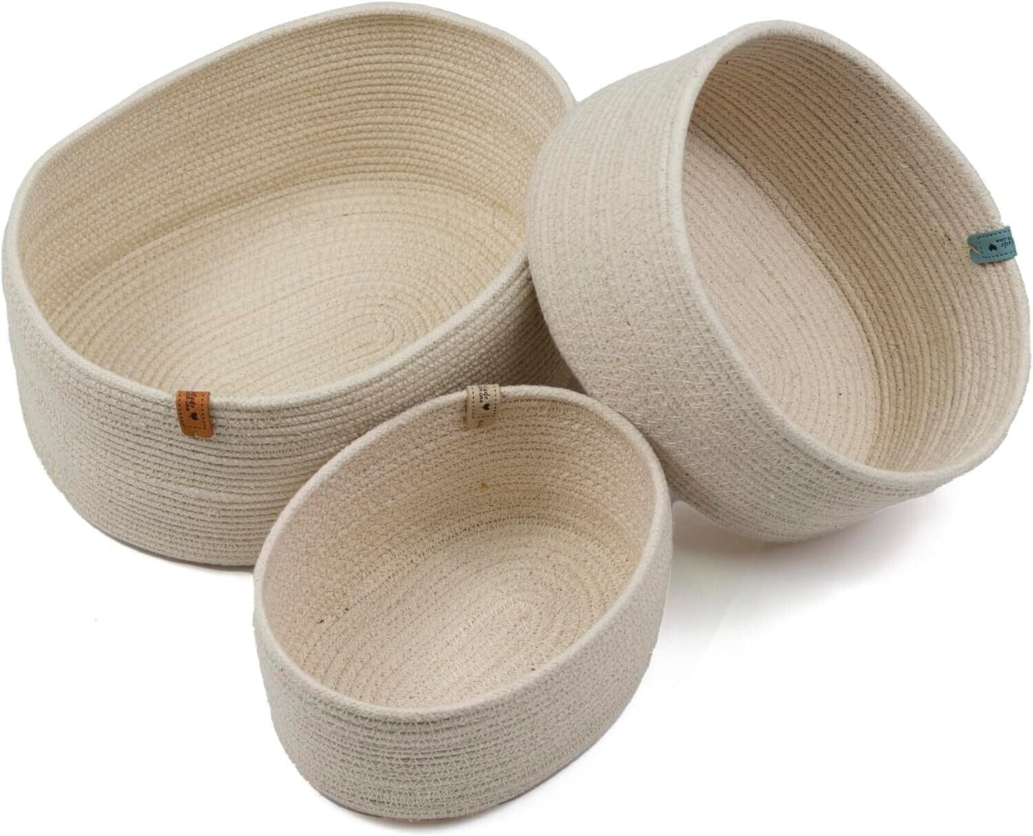 Woven Rope Storage Baskets - Set of 3 Cotton Baskets, Laundry Basket for Storage, Kids Toys, Laundry Basket