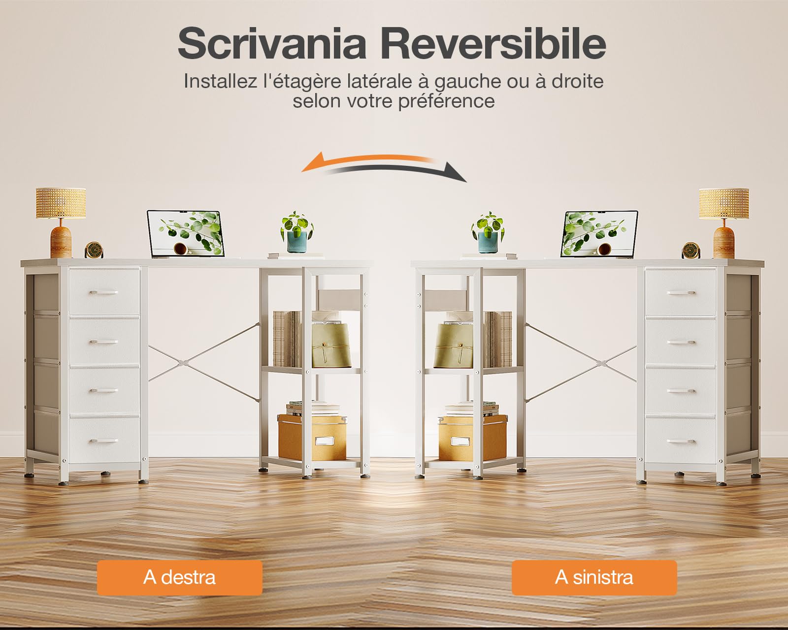 Coleshome Scrivania con 4 Cassetti Reversibile Scaffali 100x40cm | 4 cassetti in tessuto, design reversibile a L, perfetta per casa, ufficio e studio, design salvaspazio, Bianco