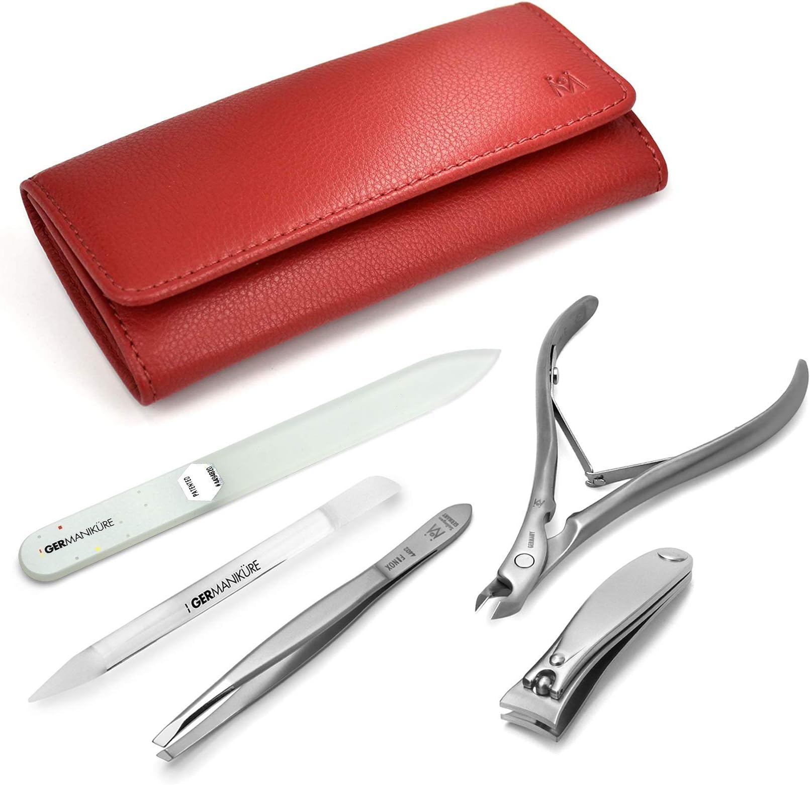 5pc Manicure Set in Leather Case -FINOX Stainless steel tools handmade in Solingen Germany – Professional Nail and Cuticle Care Travel Implements