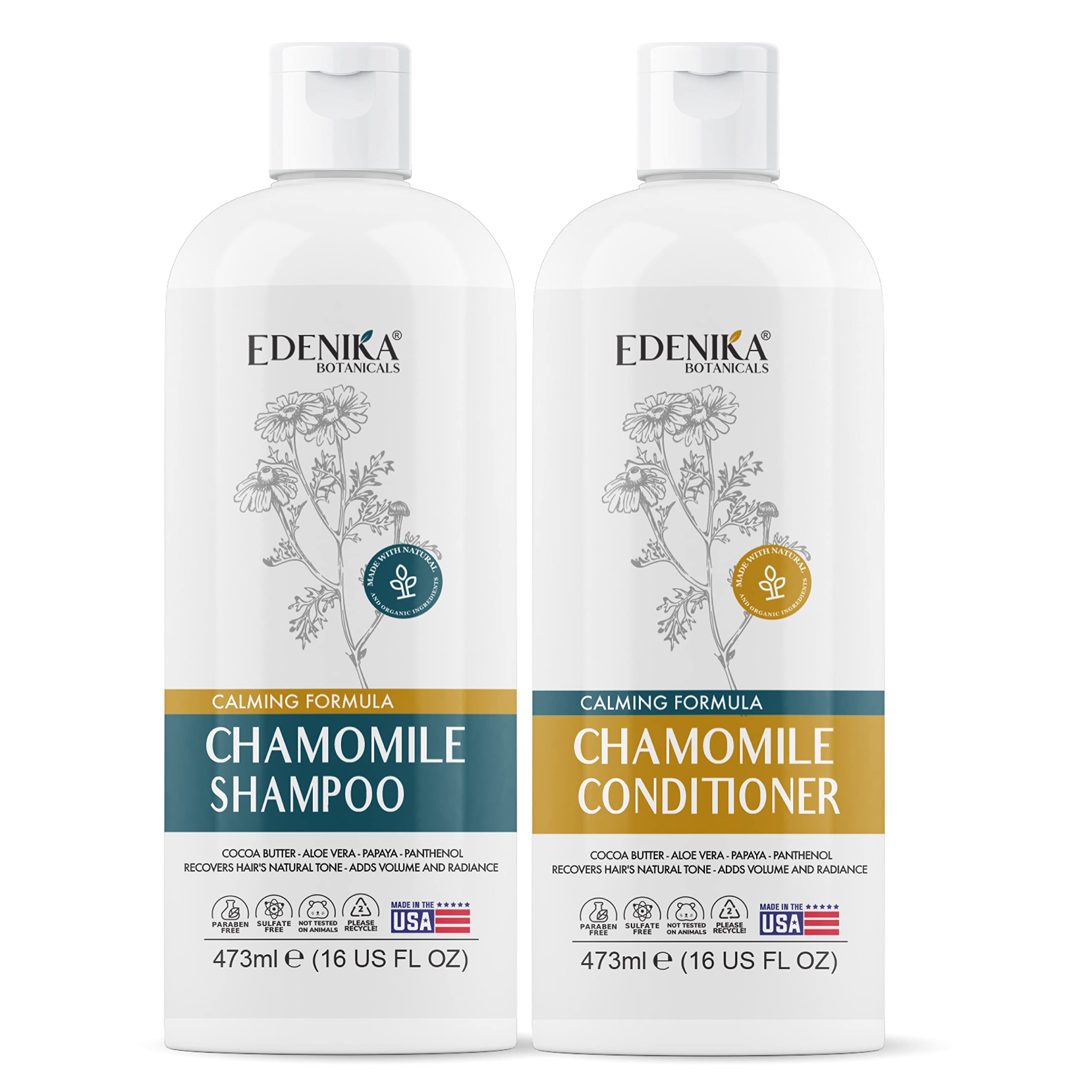 EDENIKA BOTANICALSChamomile Shampoo and Conditioner Set, Calming Formula with Certified Organic and Natural Ingredients Intense Nourishment Makes Hair Feel Soft and Smooth 16oz Each