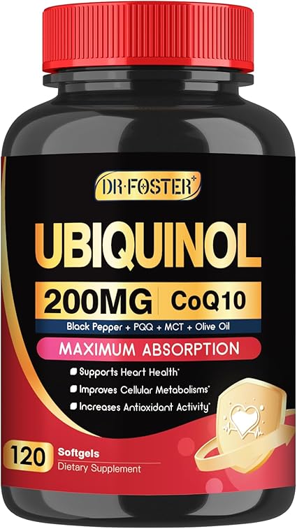 DRFOSTER Coq10 Ubiquinol 200mg, Coq10 200mg softgels, Max Absorption Ubiquinol with Vitamin E & PQQ & Black Pepper, Powerful Antioxidant, 120 Softgels