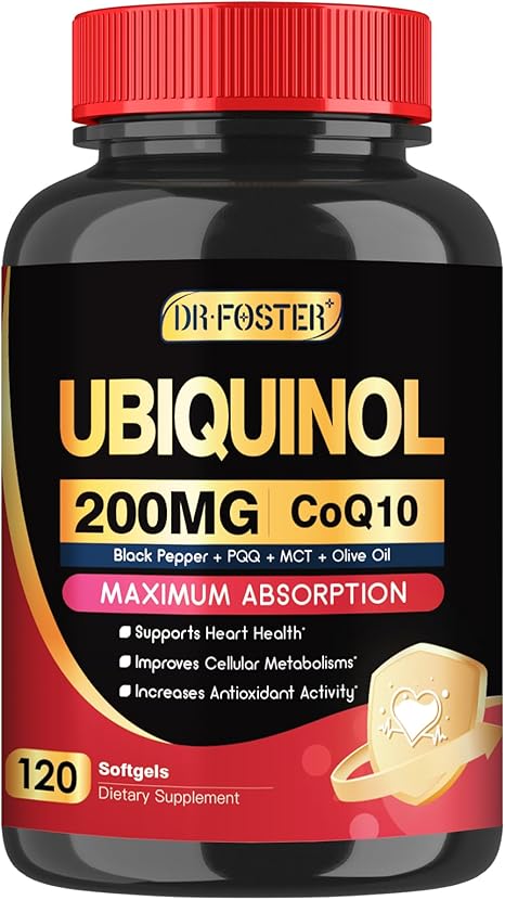 DRFOSTER Coq10 Ubiquinol 200mg, Coq10 200mg softgels, Max Absorption Ubiquinol with Vitamin E & PQQ & Black Pepper, Powerful Antioxidant, 120 Softgels