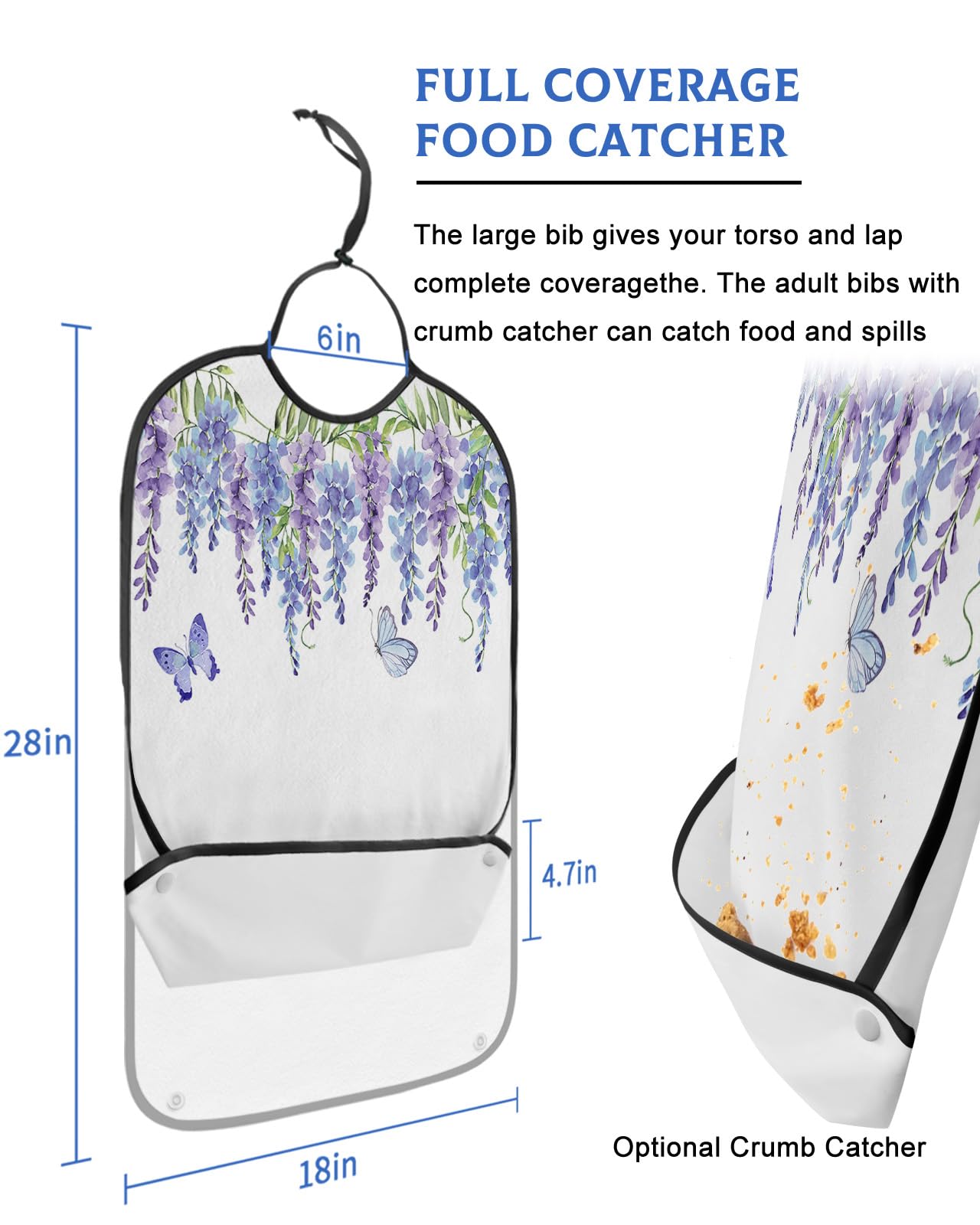LEOKOTI Blue Purple Weeping Floral Adult Bibs for Eating, Waterproof Bibs with Food Catcher & Snap Closure, Spring Summer Botanical Butterfly Washable Clothing Protectors Adult Bibs for Elderly
