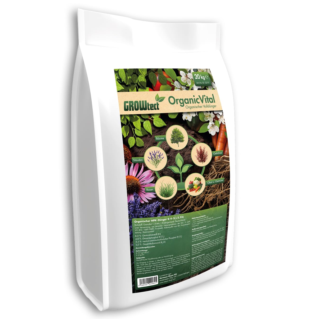 OrganicVital 20kg – Organischer Volldünger NPK 8-4-5 – Profi-Naturdünger für alle Pflanzen, Gemüse & Obst – 100% organischer Pflanzendünger mit Langzeitwirkung & aktiviert den Boden