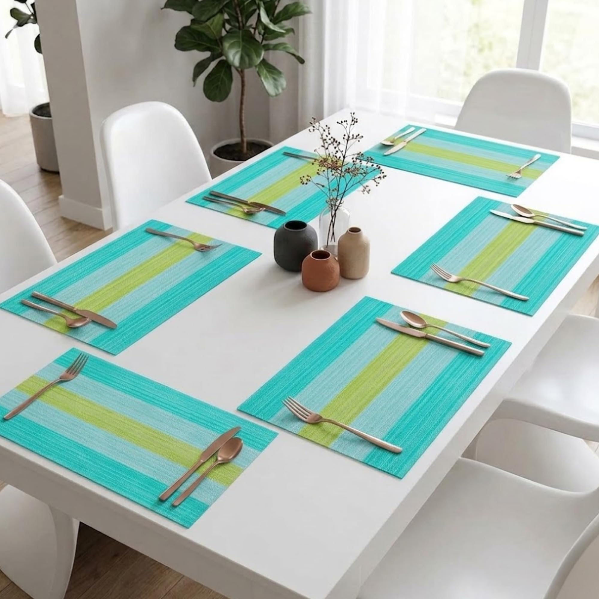 daiDokoro Rectangular Crossweave Woven PVC Vinyl Non-Slip Insulation Heat-Resistant & Waterproof Stain Resistant Washable Placemat for Dining & Kitchen Table-(Light Blue,Set of 6)