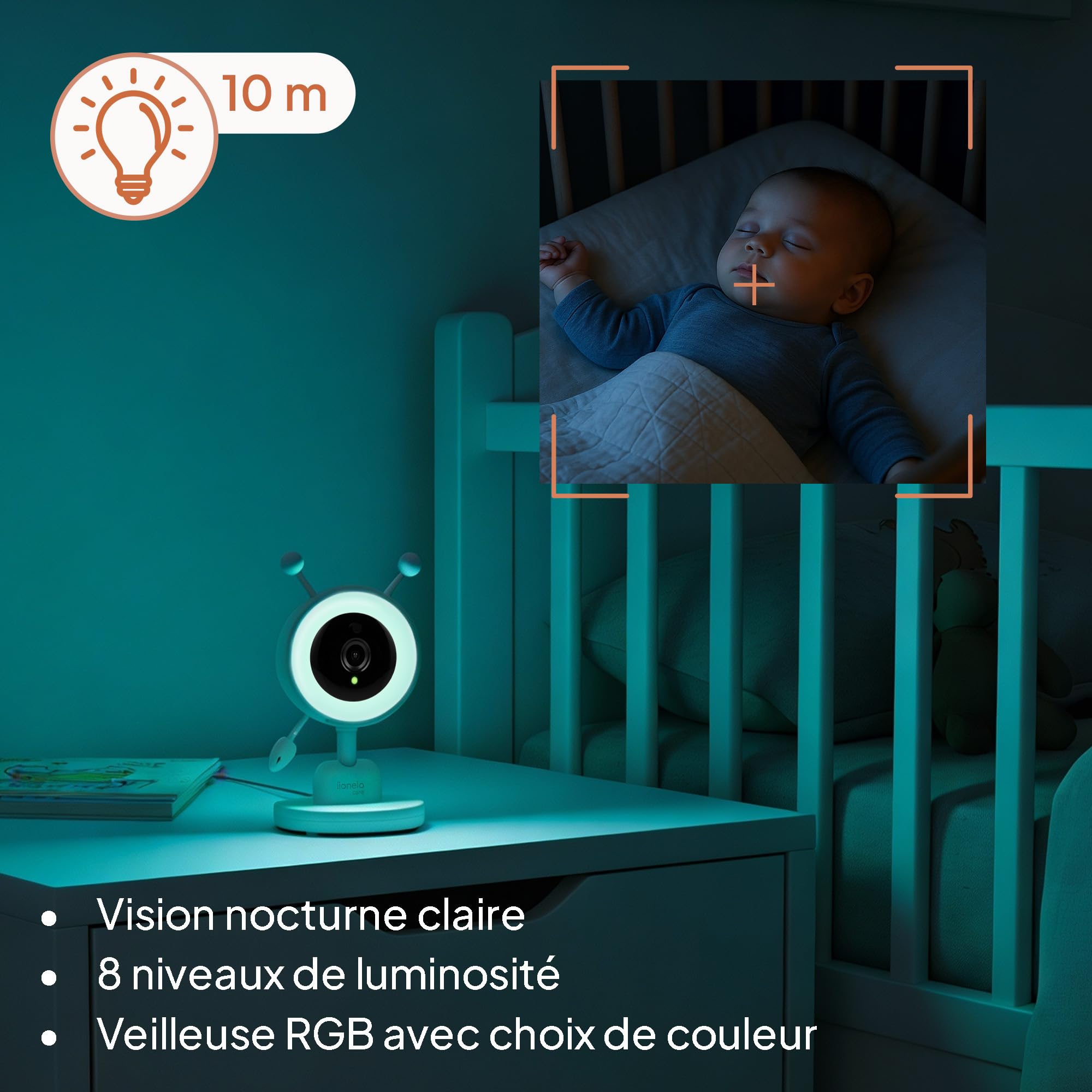 Lionelo Babyline 3.4 Babyphone Caméra Sans Wi-Fi, Écran 3,5" | Vision Nocturne 10 m, Audio 2 Voies, Zoom 4×, Veilleuse Multicolore, 6 Mélodies, Alertes Pleurs/Température, Portée 200 m