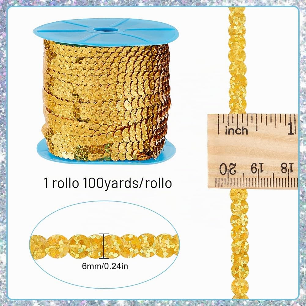 100 yarda de Tiras de Lentejuelas Planas de 6mm con Adornos de Lentejuelas Doradas Hilo de Lentejuelas Metálicas Hilo de Lentejuelas Holográficas con Purpurina para Manualidades Costura Vesti