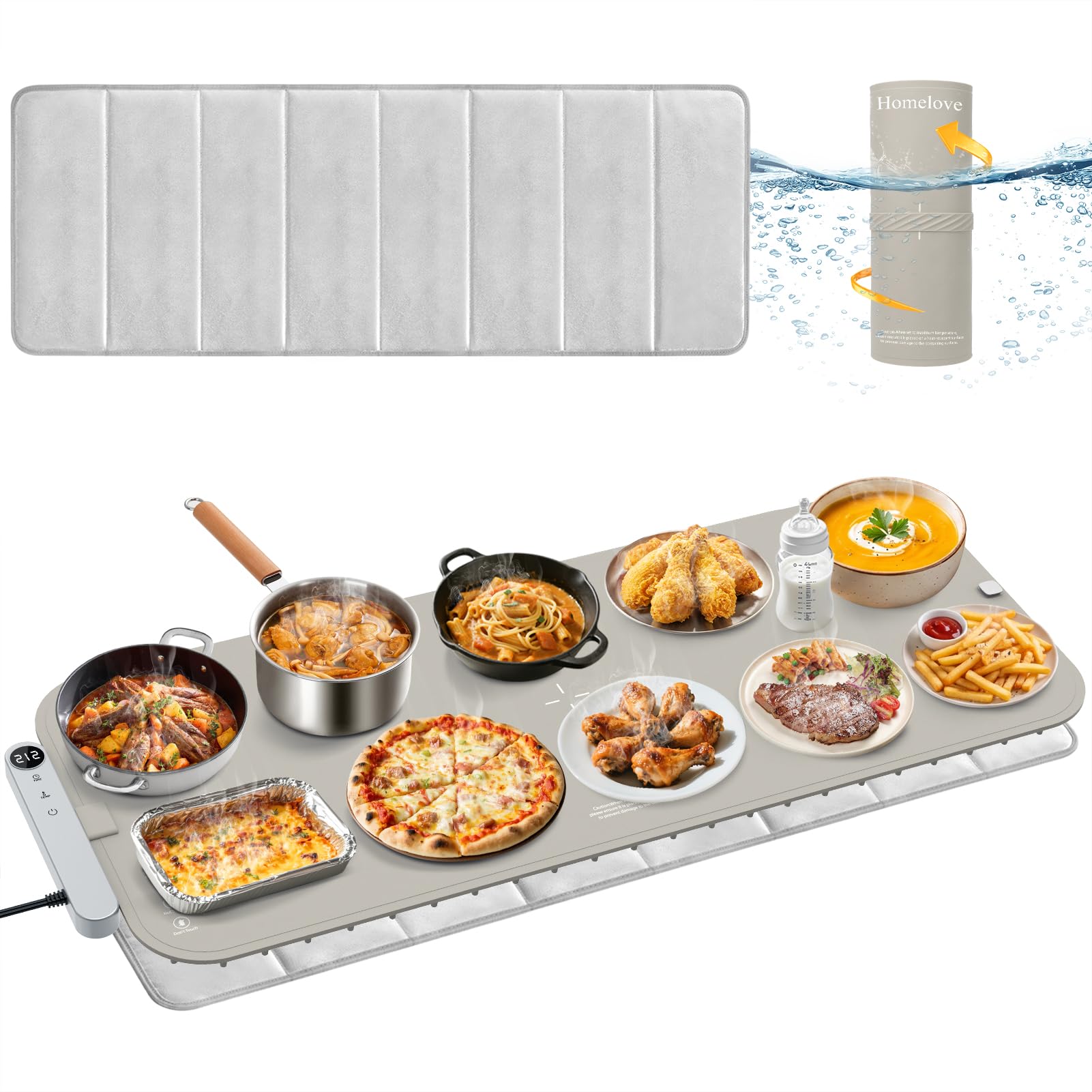Homelove Warming Mat for Food - Electric Warming Tray with 7-Level Temp Settings &amp; 6 Hours Timer, Full Surface Graphene Heating, Waterproof Dishwasher-Friendly Food Warmer for Parties, Kitchen (Khaki)