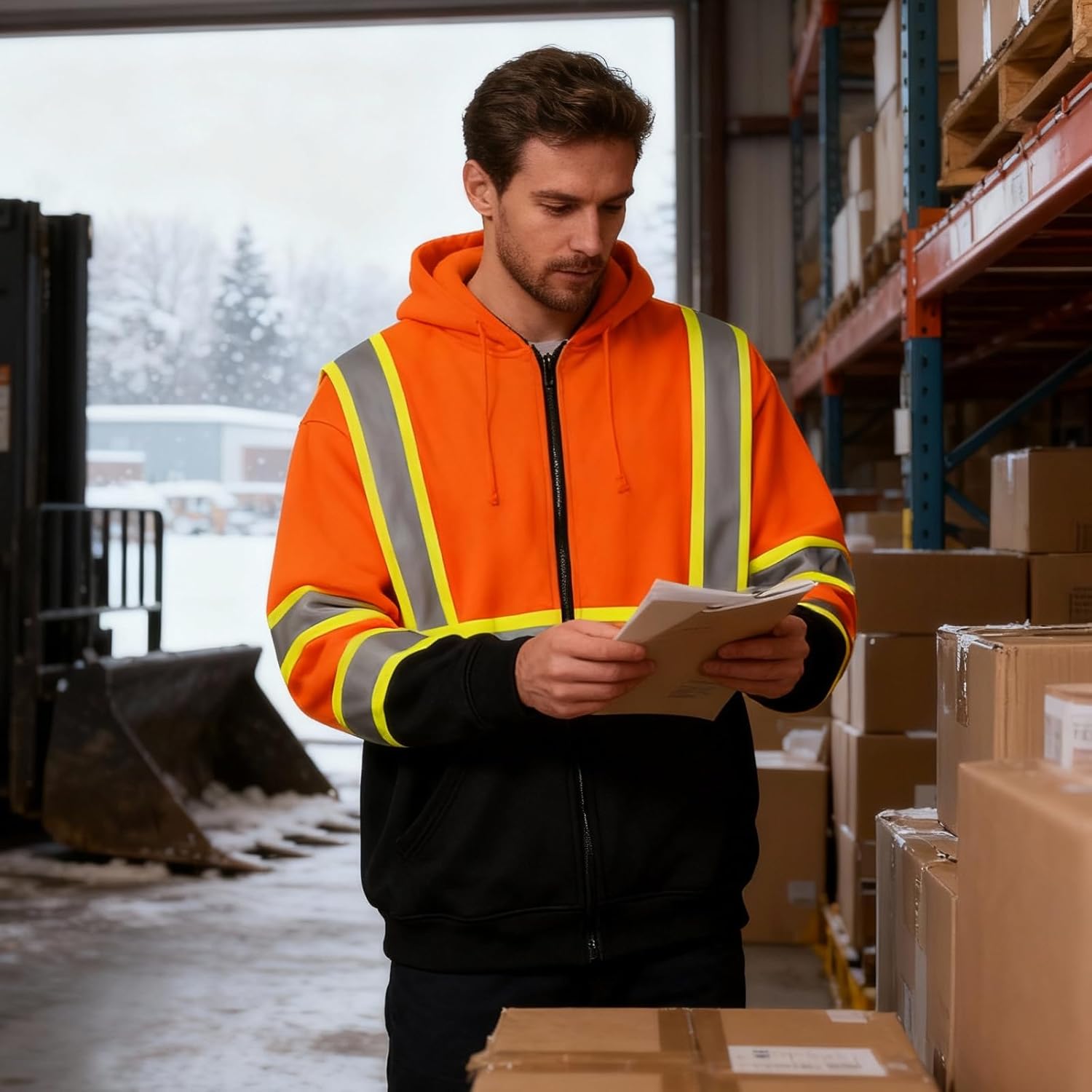Hi Vis Safety Hoodie for Men ANSI Class 3, Reflective Jacket Zip Hoodie with Black Bottom for Construction Work