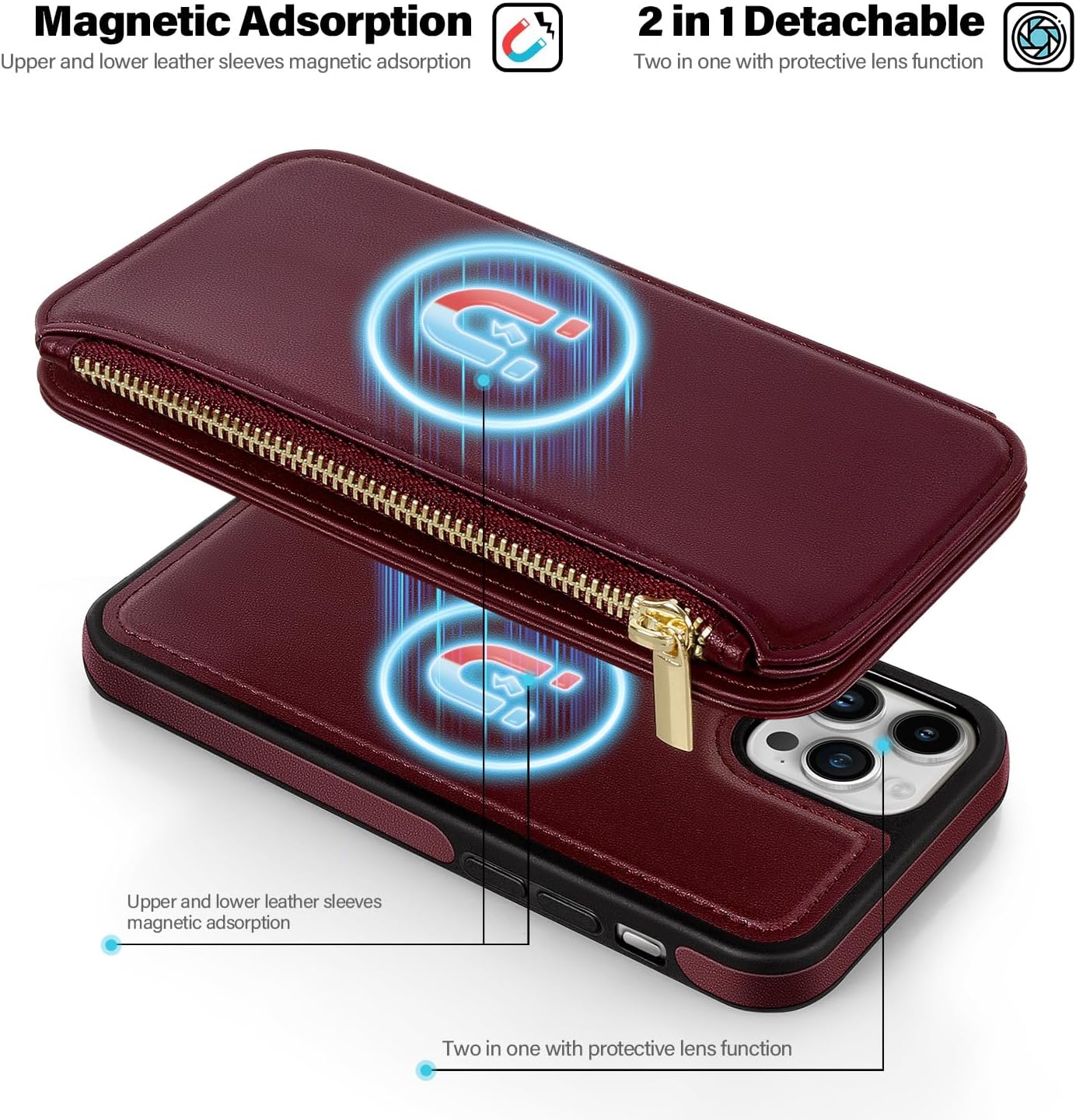 Antsturdy 2 in 1 Detachable for iPhone 15 Pro Max Wallet case with Magsafe,RFID Blocking Magnetic Wireless Charging PU Leather Phone case Flip Folio Cover Card Holder Wrist Strap Women Men,Wine Red
