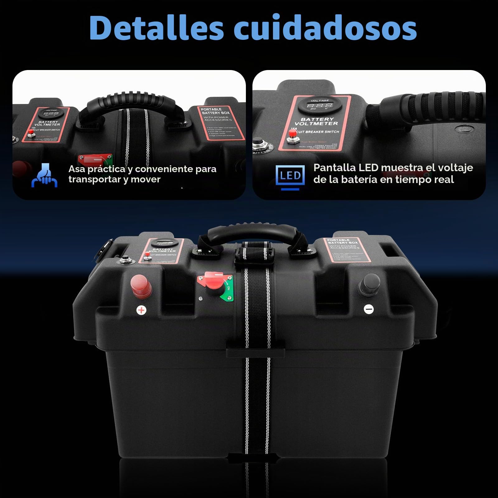 Caja de batería con doble puerto USB, caja de batería para barco con indicador LED, caja de batería para barco marino RV batería de litio (batería no incluida)