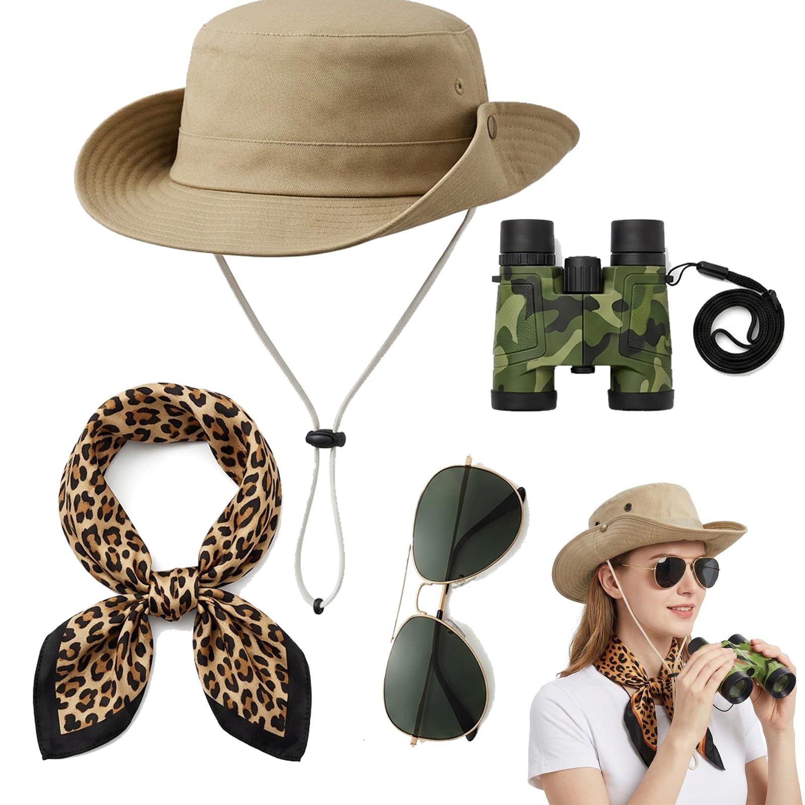 YFHUVB 4 PCS Safari Costume Accessories Set, Explorer Costume with Explorer Hat, Leopard Print Scarf Sunglasses Binoculars, Safari Clothes for Women Adults for Halloween Cosplay Outdoor Adventures
