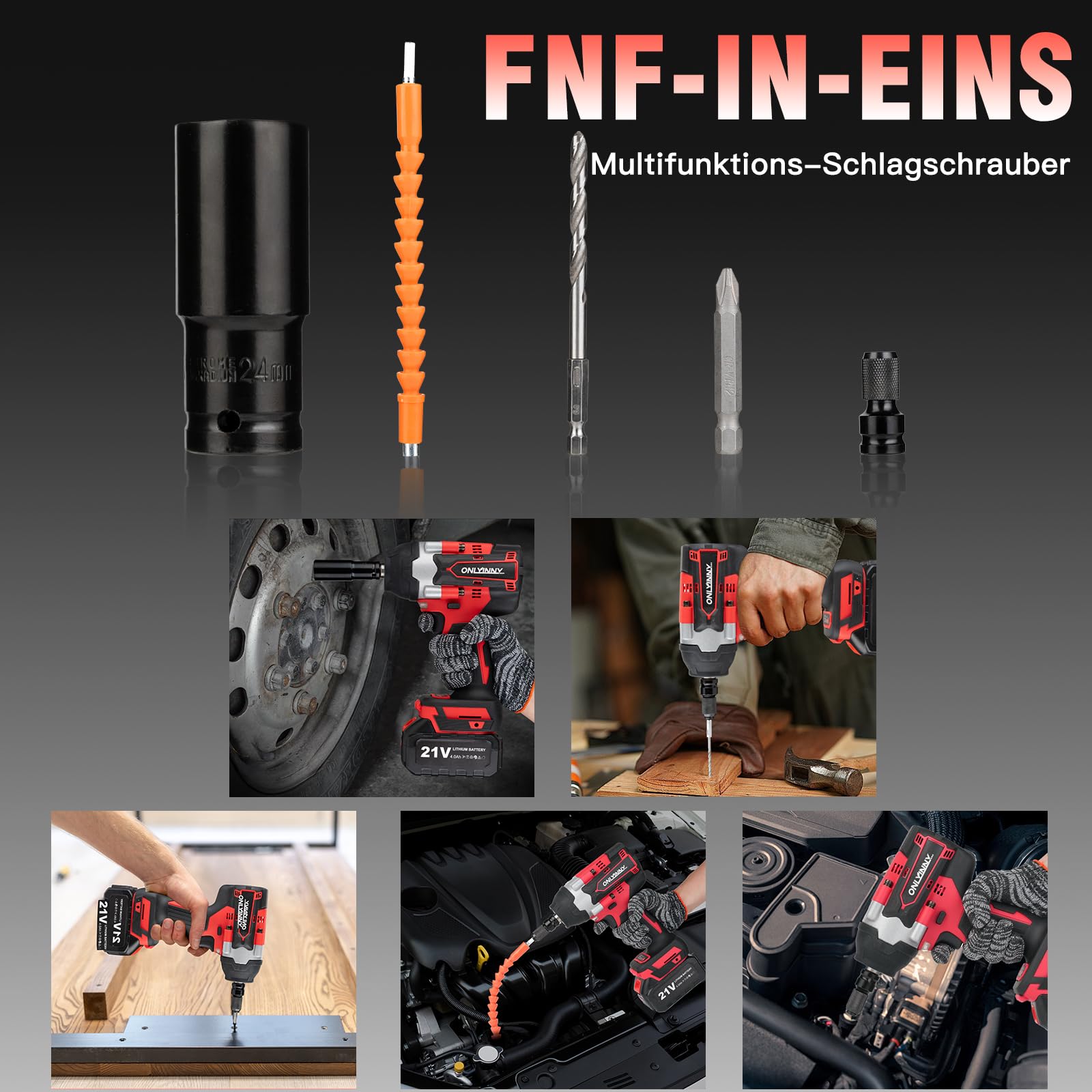 21 V Akku-Schlagschrauber 1/2" 1000 Nm (750 lb-ft), professioneller bürstenloser Schlagschrauber mit 2 Akkus 4,0 Ah, Schnellladegerät, 2300 U/min und LED-Beleuchtung