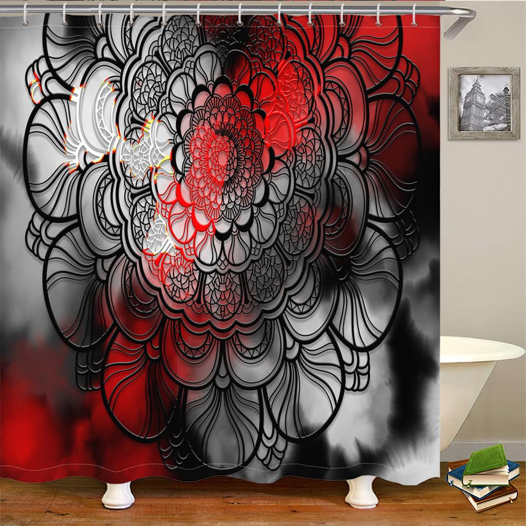 Zzdxw Black/Red Shower Curtain Mandala Shower Curtains Mould Proof Resistant Waterproof Wet Room Shower Curtain Washable Weighted Shower Curtains Includes 12 Hooks Bathroom Curtains(150X180cm)