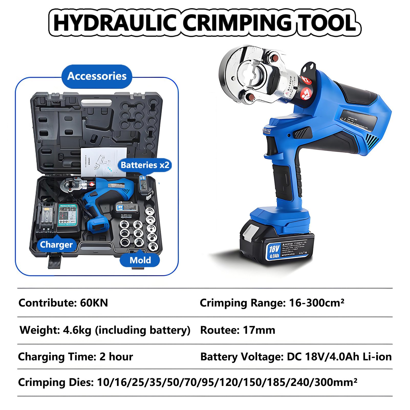 Herramienta de Crimpado Hidráulica Recargable, Crimpadora Hidráulica Eléctrica para Terminales de CU/Al, Crimpado Continuo Terminales con Juegos de Matrices y 2 Baterías de Litio EZ-300