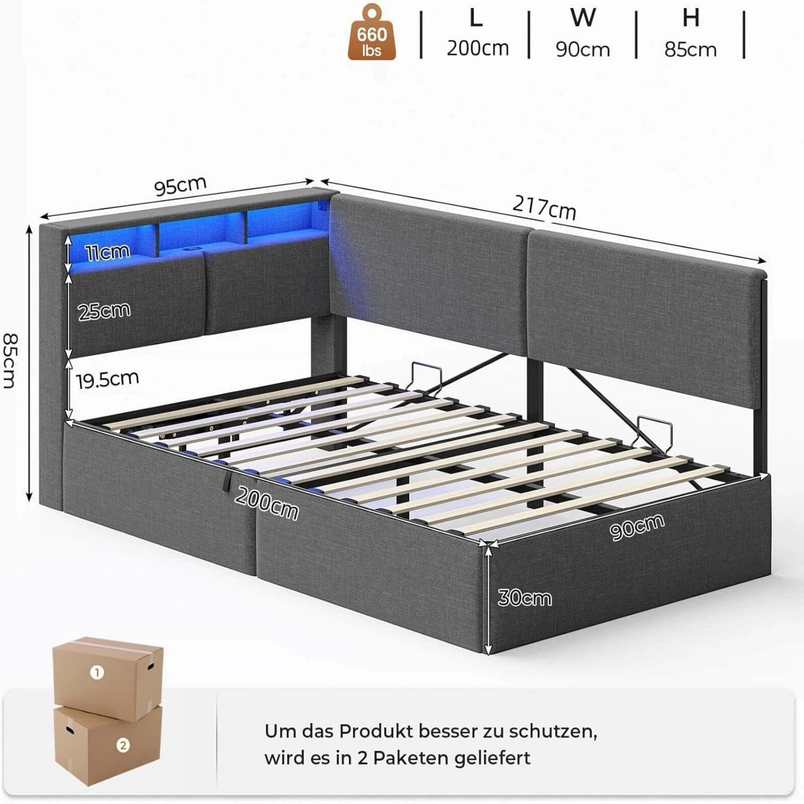AOGLLATI Letto Singolo con Contenitore Idraulico 90x200, Divano Letto Singolo con Testiera Imbottita y Luce LED Regolabile, Struttura Letto Singolo con Stazione di Rricarica, Salvaspazio, Grigio Scuro
