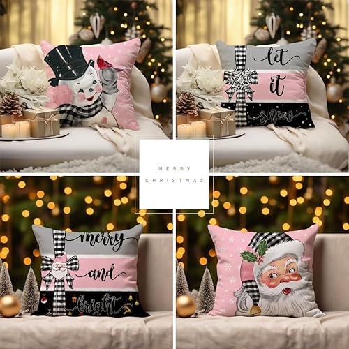 Miniatura 2 de Juego de 4 fundas de almohada navideñas de búfalo rosa de 20 x 20 pulgadas, decoraciones navideñas de granja, Papá Noel, muñeco de nieve, copo de