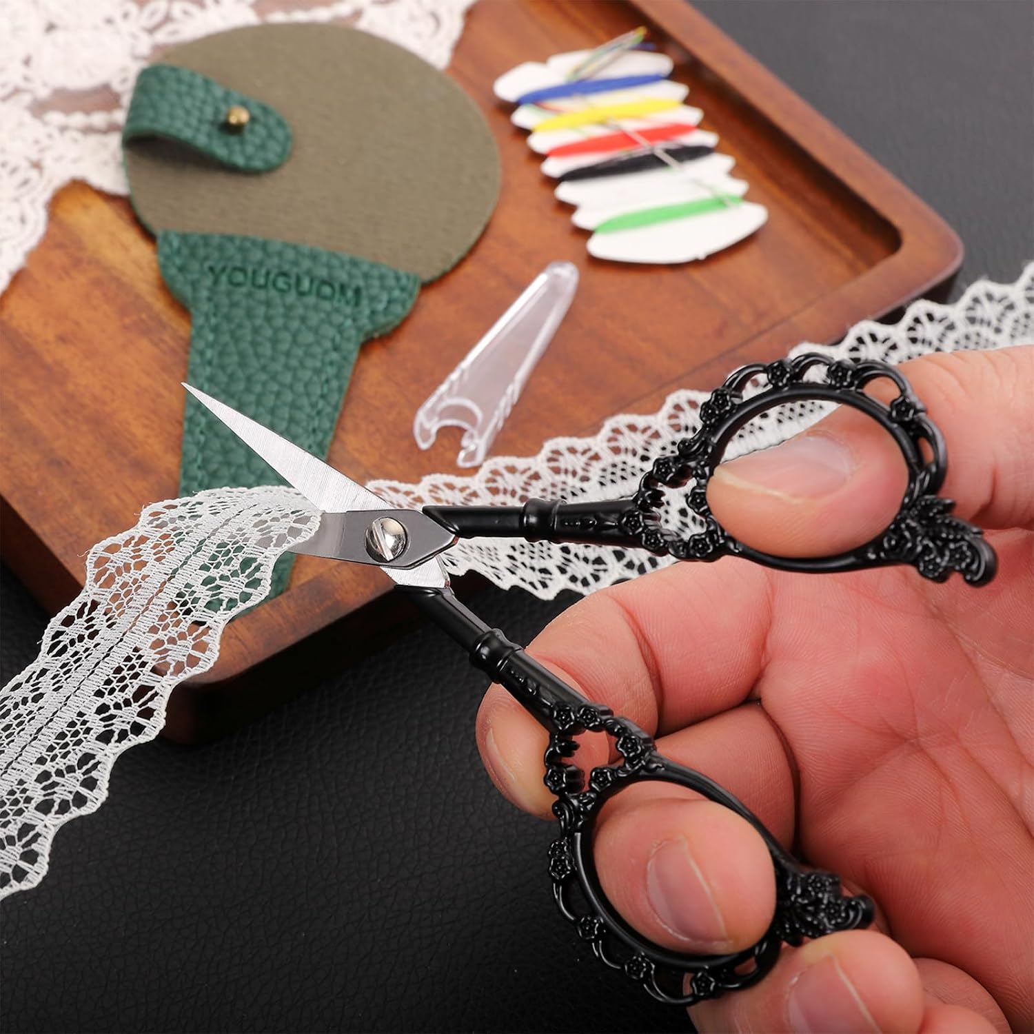 YOUGUOM Small Sewing Scissors, Crochet Scissors Threading Knitting Shears with Case for Craft Artwork Needlepoint, Black Little Embroidery Snips