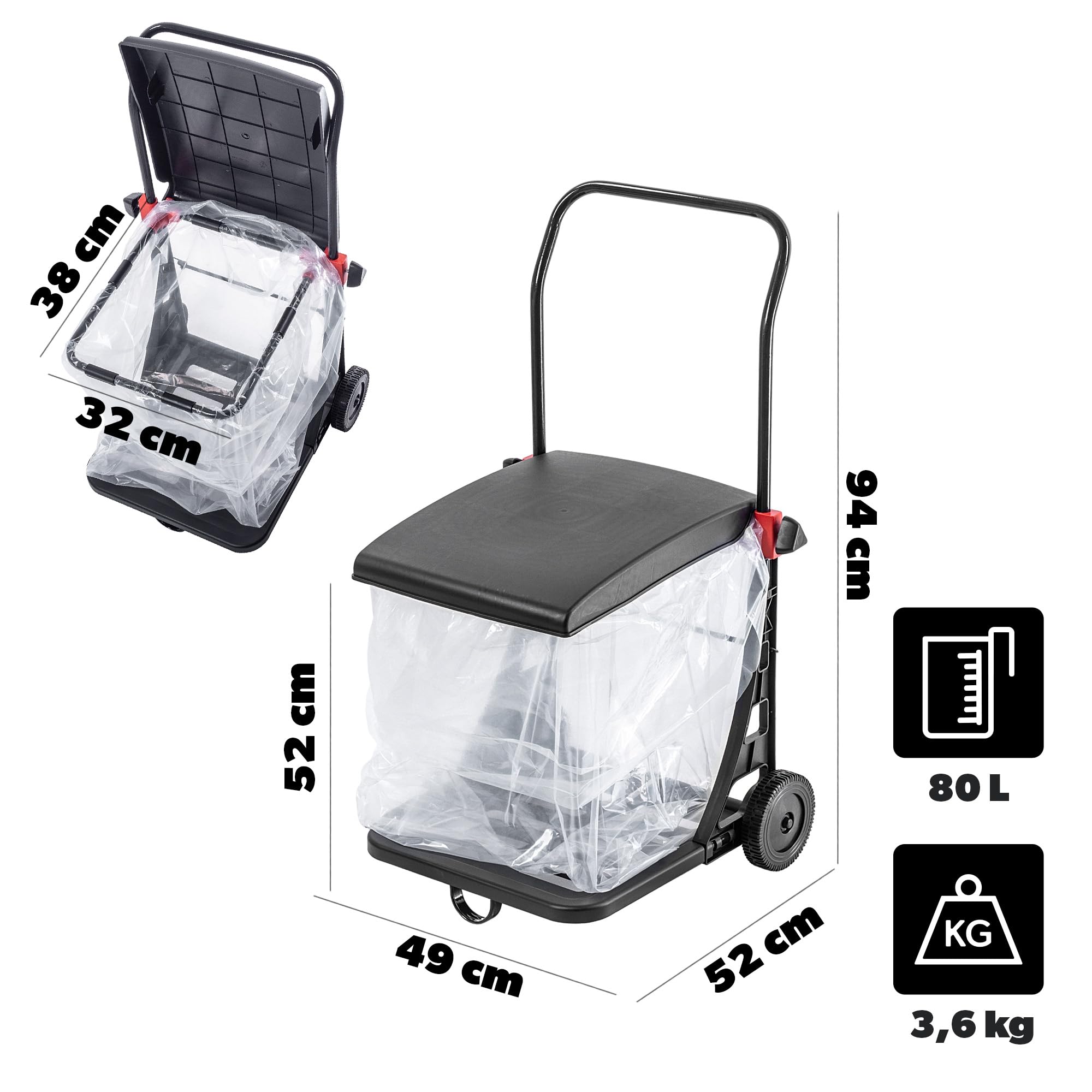 KADAX Carro de basura de 80 l, cubo con tapa y ruedas, soporte para bolsas móviles para jardín, acero y plástico