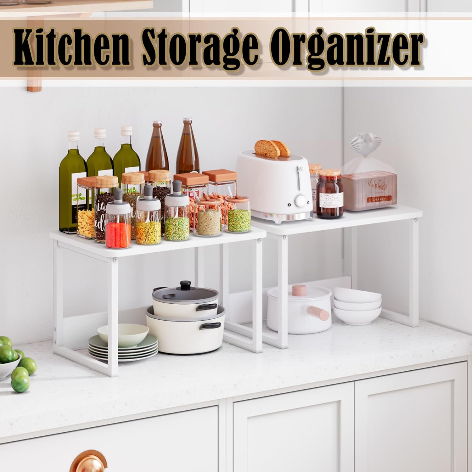 MARTY Kitchen Countertop Organizer Cabinet Shelf, 17x12.4 Large Spice Racks Counter Shelf Microwave Oven Rack Desktop Storage Organization for Kitchen, Office, Metal & Wood, White
