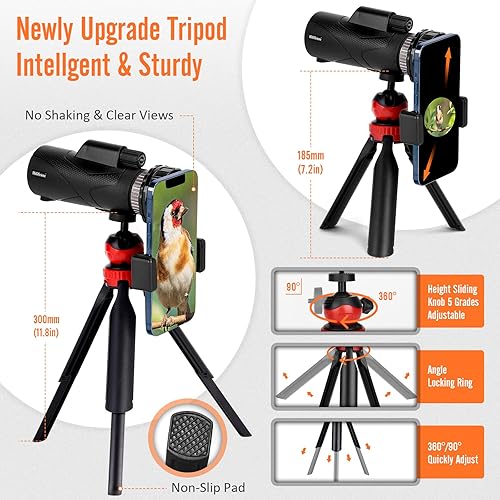 Miniatura 4 de RIWELF Telescopio monocular de 12 x 55, monocular para adultos de alta potencia con lente BAK4 Prism FMC con adaptador para teléfono inteligente y