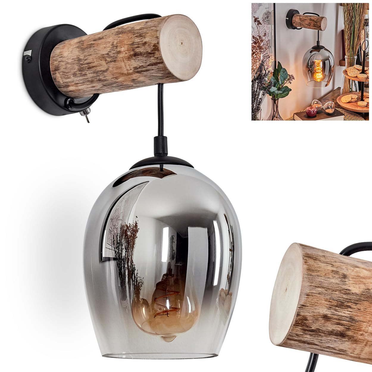 Wandleuchte Vevino, Wandlampe aus Metall/Holz/Glas in Schwarz/Natur/Chrom/Rauch/Klar, Leuchte im Retro/Vintage-Design, Schirm aus Glas (Ø 15cm) u. An/-Auschalter am Gehäuse, 1x E27, ohne Leuchtmittel