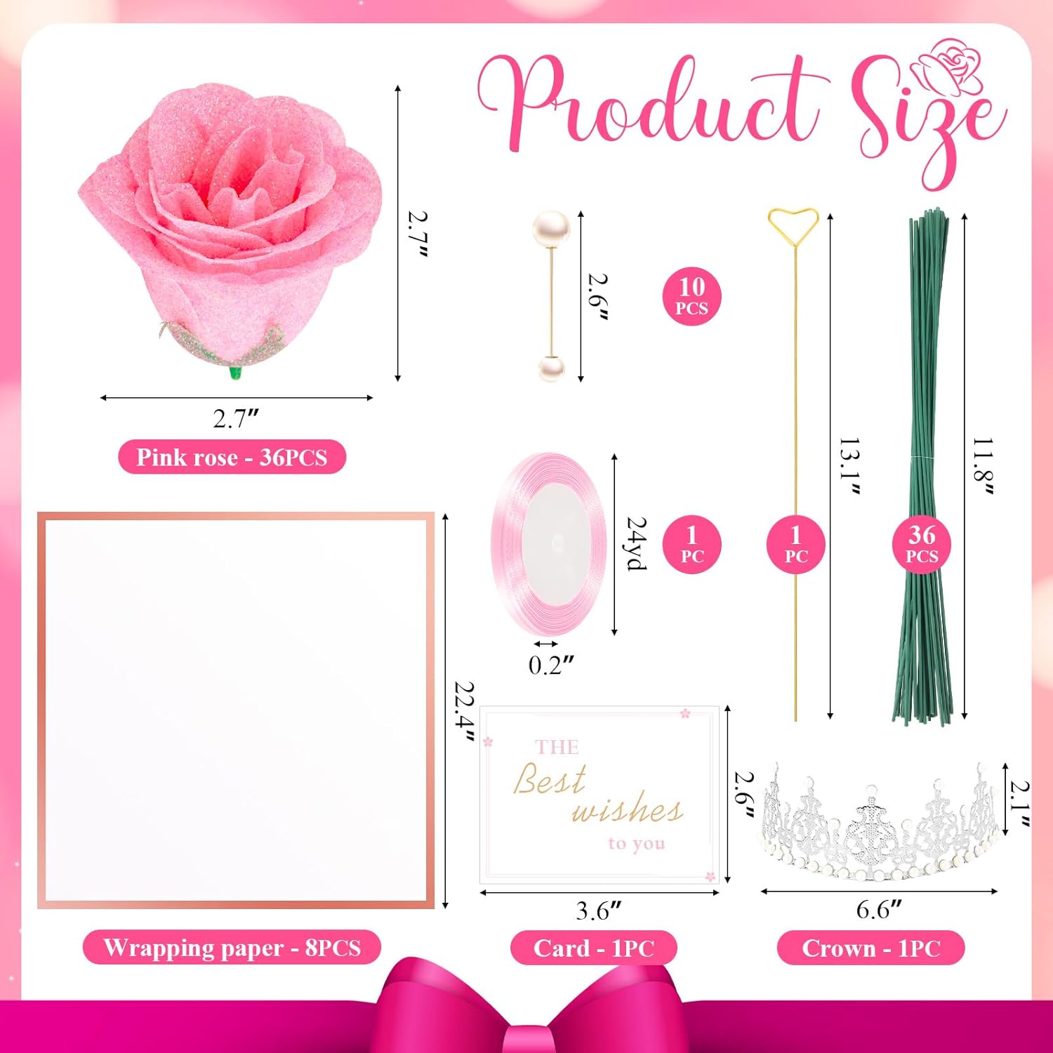 TLY Glitter Roses Bouquet Pink Flower Bouquet DIY Fake Roses Flowers with Wrapping Paper Crowns Cards Pink Rose Artificial Flowers for Valentines Day Mothers Day Anniversary Engagement Wedding - Image 2