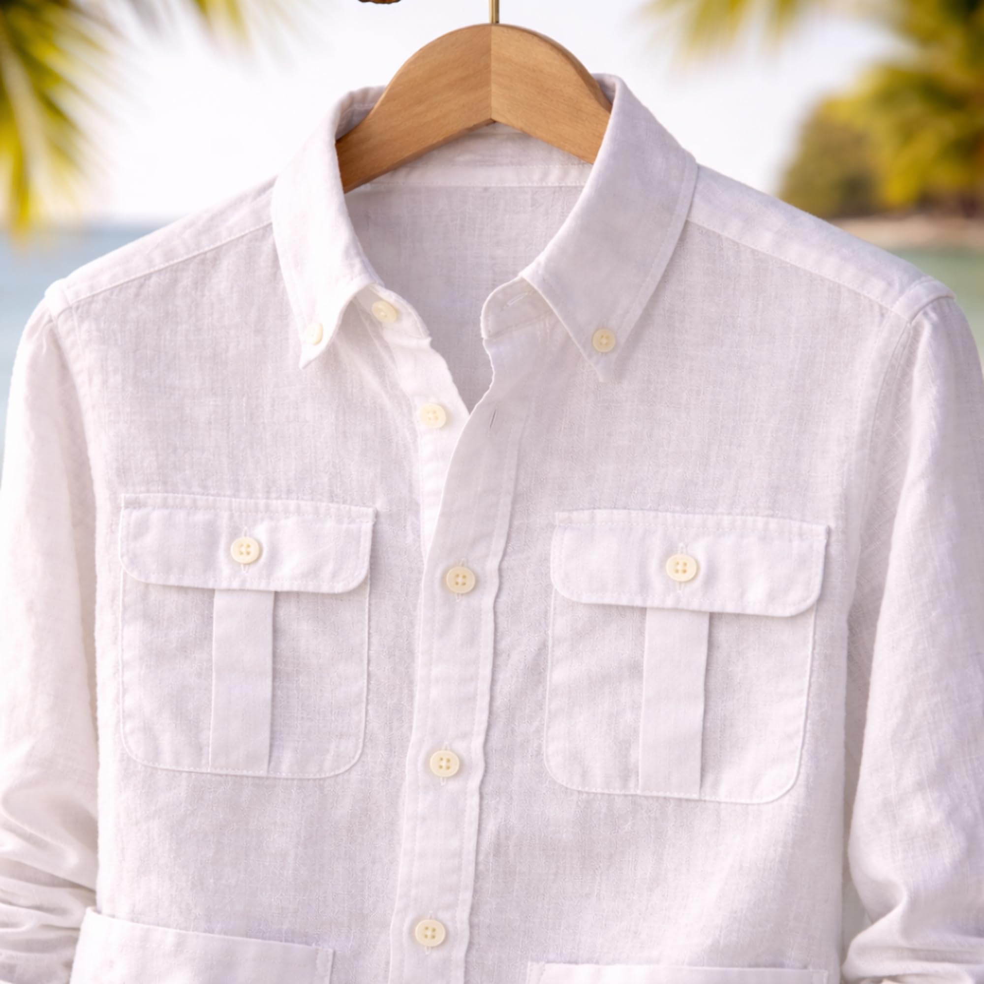 Camisa de Lino para Hombre, Manga Larga con 4 Bolsillos y Cuello Abotonado, Estilo Safari Casual para Verano y Playa, Camisa Guayabera Ligera y Transpirable