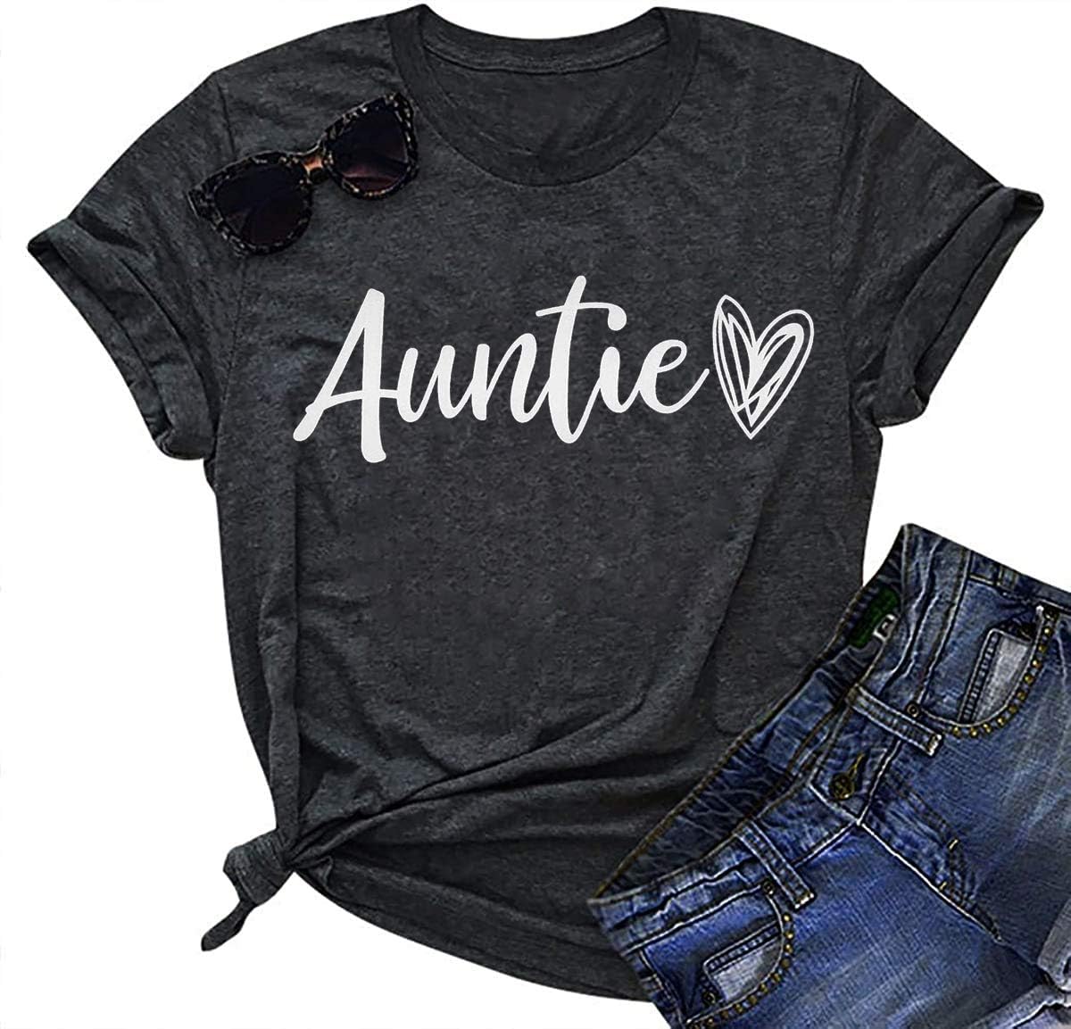 Auntie T Shirt Women Cute Love Heart Print Bless Aunt Tops Tees Casual Short Sleeve Vacation Shirts Tops