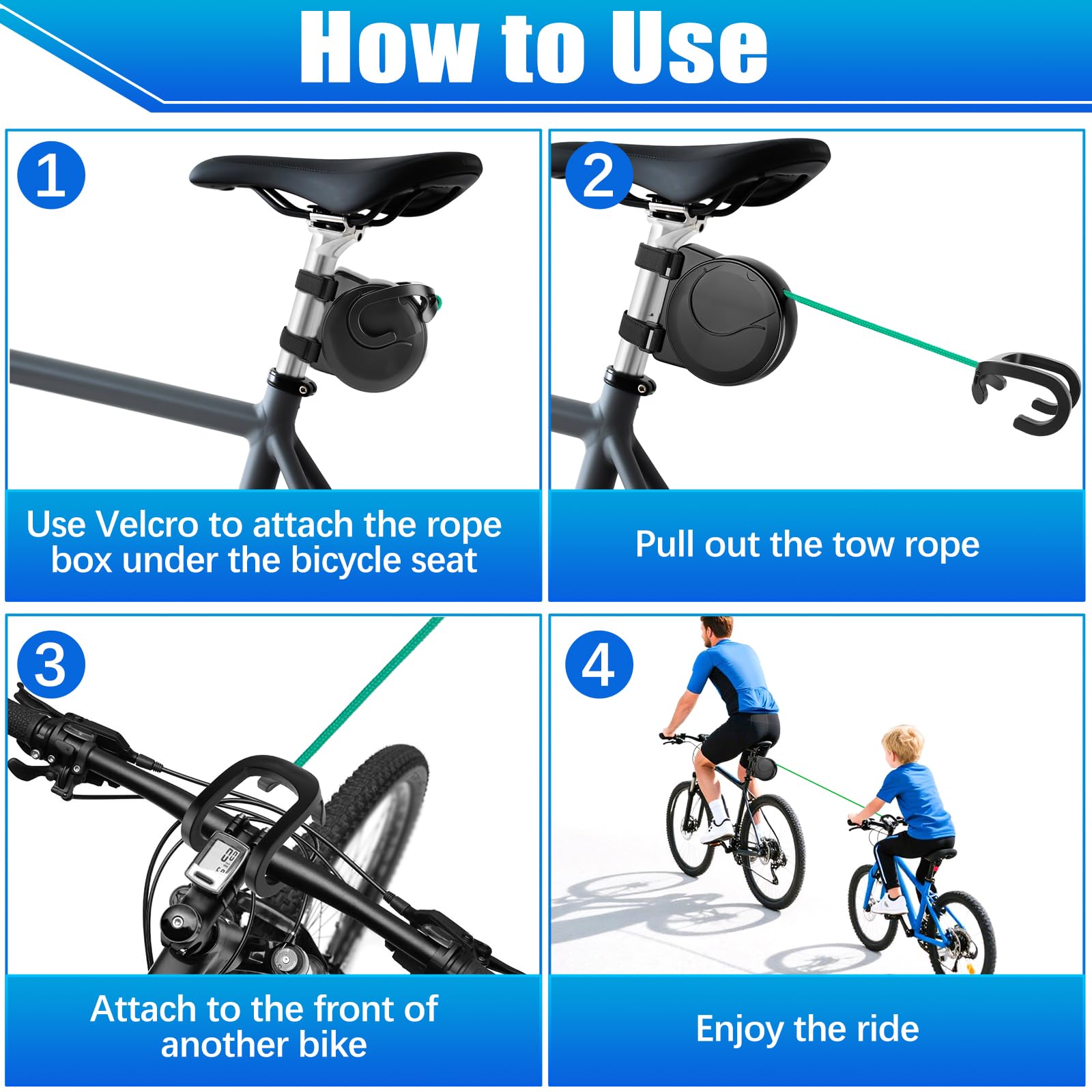 Corde de Remorquage pour Vélo Barre Traction Velo Enfant de 2.5 m, Système Rétractable, Sangles de Remorquage pour Vélos