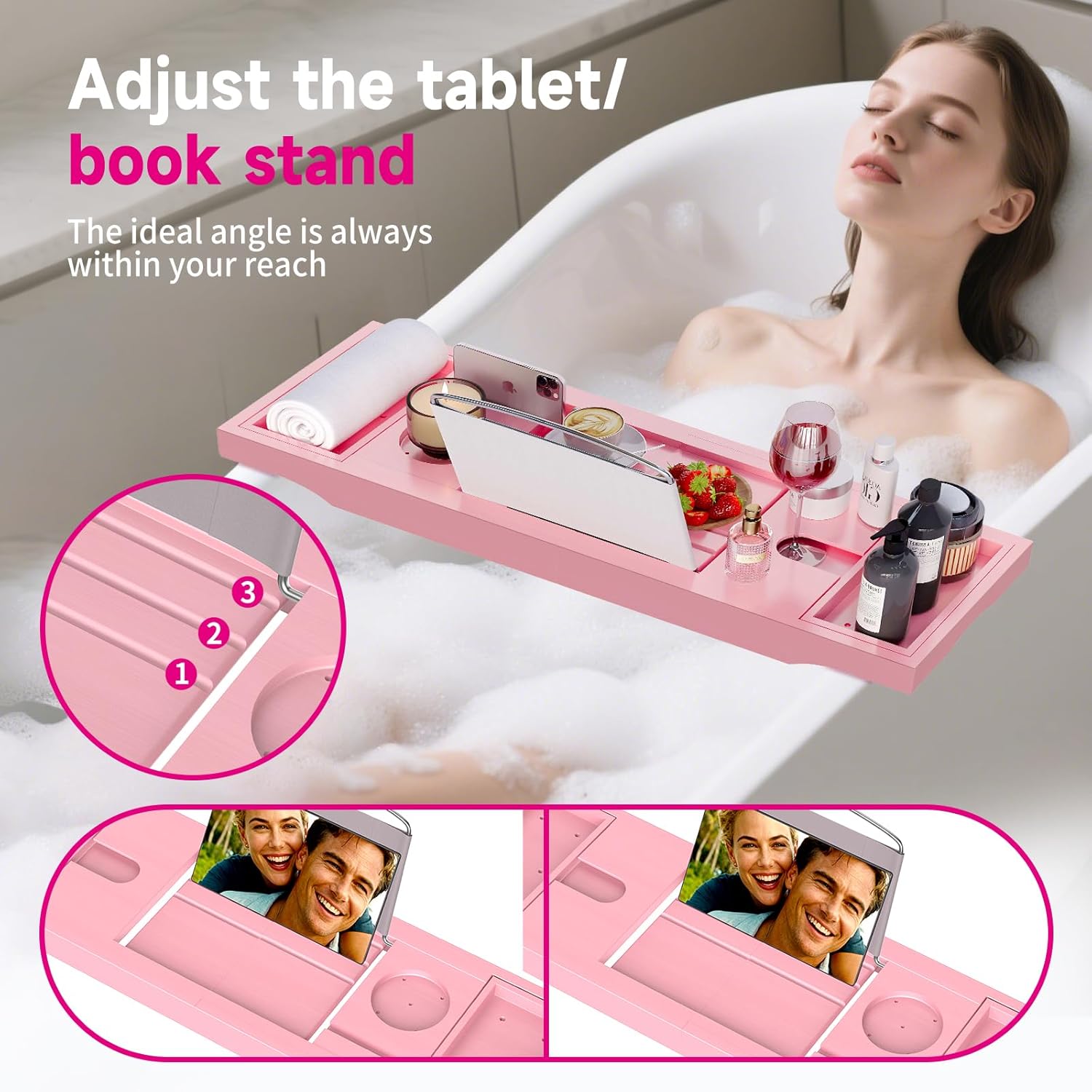 Foldable Bathtub Caddy Tray, Bamboo Bath Tub Tray Table for Tub with Wine Glass Holder Book Phone Tablet Holder with Extending Sides, Adjustable Bathroom Bathtub Free Soap Holder Gift Idea (Pink)