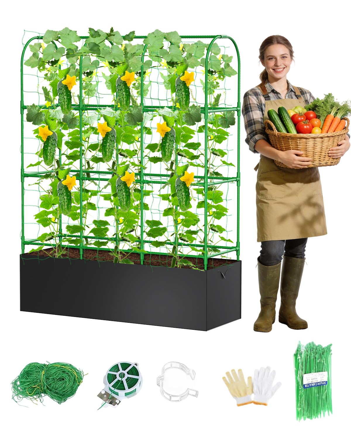 MQJIAZHI U-Shaped Garden Cucumber Trellis with Planting Bags, Adjustable Metal Arch Frame for Tomatoes Peas Pumpkins Climbing Plants, with Netting Clips Straps for Outdoor Use