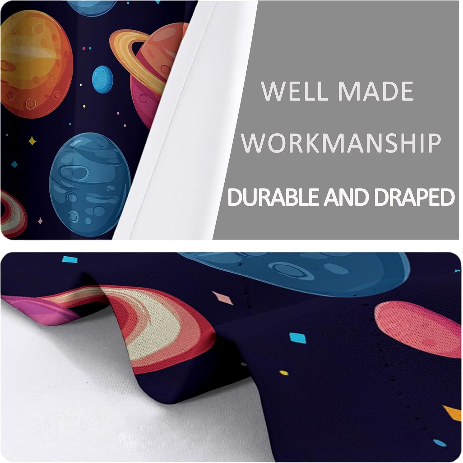 Black 2 Panels Set Blackout Curtains Cartoon Style Space Planets Pattern, Window Drapes 59W X 110L Inches Grommet Curtains Treatments Heat, Room Decor Privacy Curtain for Living Room Bedroom