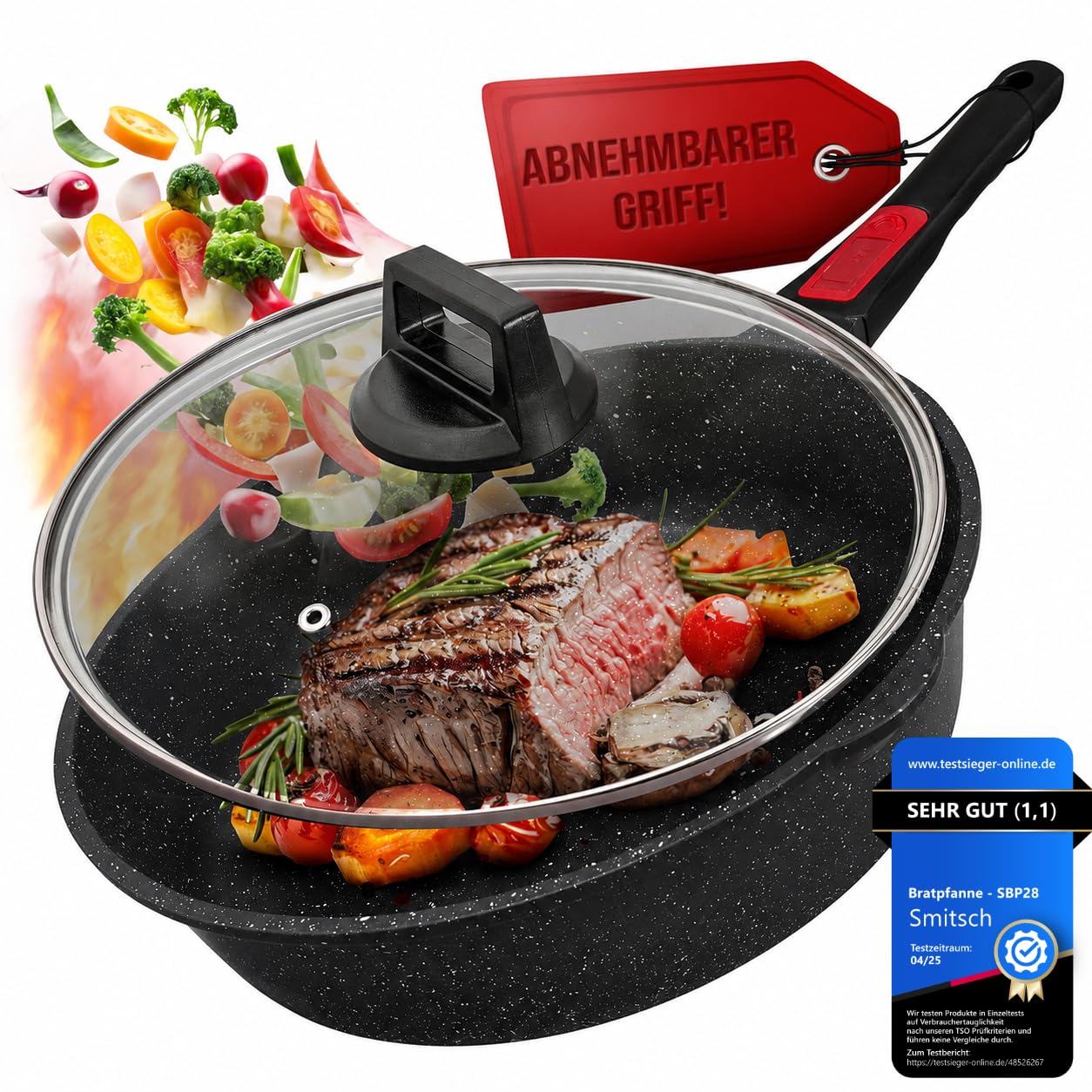 Bratpfanne 28 cm mit Deckel – Beschichtet, abnehmbarer Griff, spülmaschinenfeste,ofenfeste pfanne,pfannen induktion, pfanne 28 cm hoher rand, PFOA frei, Pan 28cm
