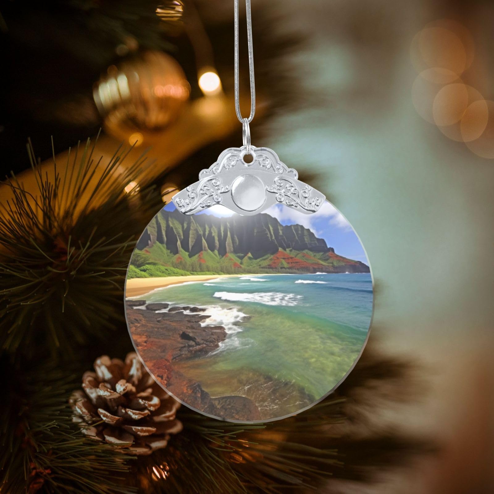 Crystal Christmas Ornaments for Christmas Tree Decoration Hanging Kauai Hawaii Seashore Ornament with Gold Ribbon Crafts Round Pendant for Keepsake Gifts Glass Xmas Decor Party Supplies