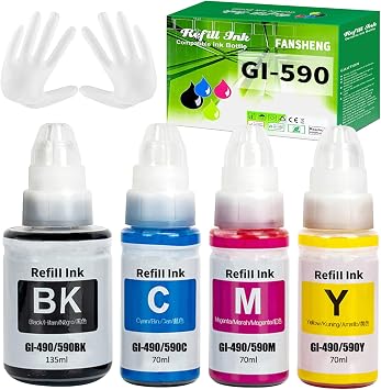 GI590 GI490 Ink Compatible with Canon GI-590 GI-490 ink refill bottles for Pixma G1000 G1400 G1500 G2000 G2400 G2500 G3000 G3400 G3500 G4500 4 Pack Black/Cyan/Magenta/Yellow