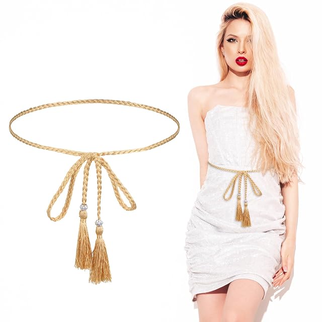 Tassel Rope Belts for Women Braided Knotted Skinny Waist Golden Rope Sash Ribbon Beaded Belts Boho Polyester Thin