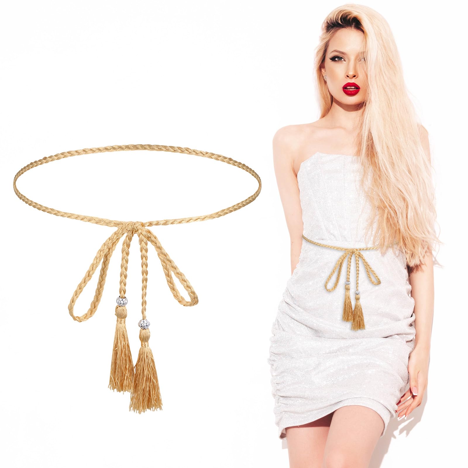 Tassel Rope Belts for Women Braided Knotted Skinny Waist Golden Rope Sash Ribbon Beaded Belts Boho Polyester Thin