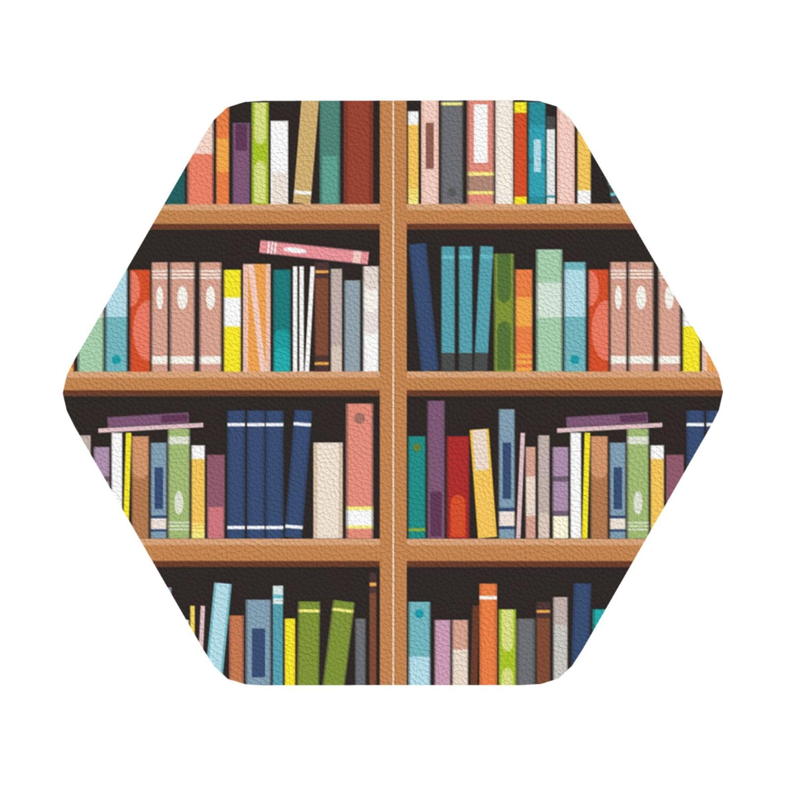 Library Bookshelf PU Leather Coasters Set of 6 Hexagon Drink Coasters