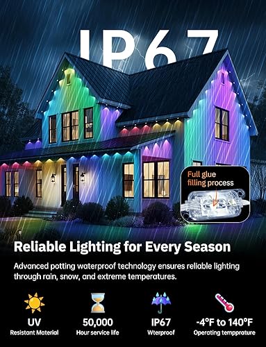 Miniatura 7 de Luces permanentes para exteriores Pro, lente dual de 100 pies con 50 IC+RGBCW 60lm LED, IP67 impermeables, luces de alero inteligente con 16
