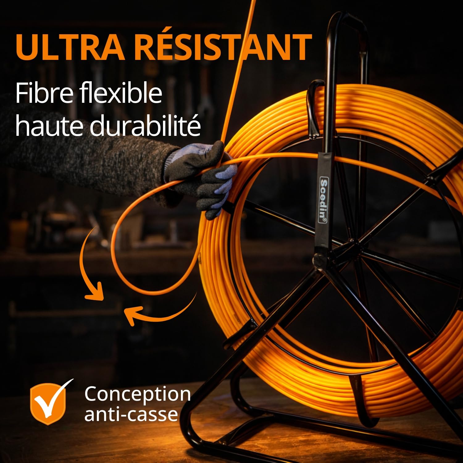 Aiguille tire-fil électricien 100 m x 6 mm avec dévidoir | Fibre de verre flexible et ultra-résistante | Outil professionnel pour passage de câble et gaine électrique
