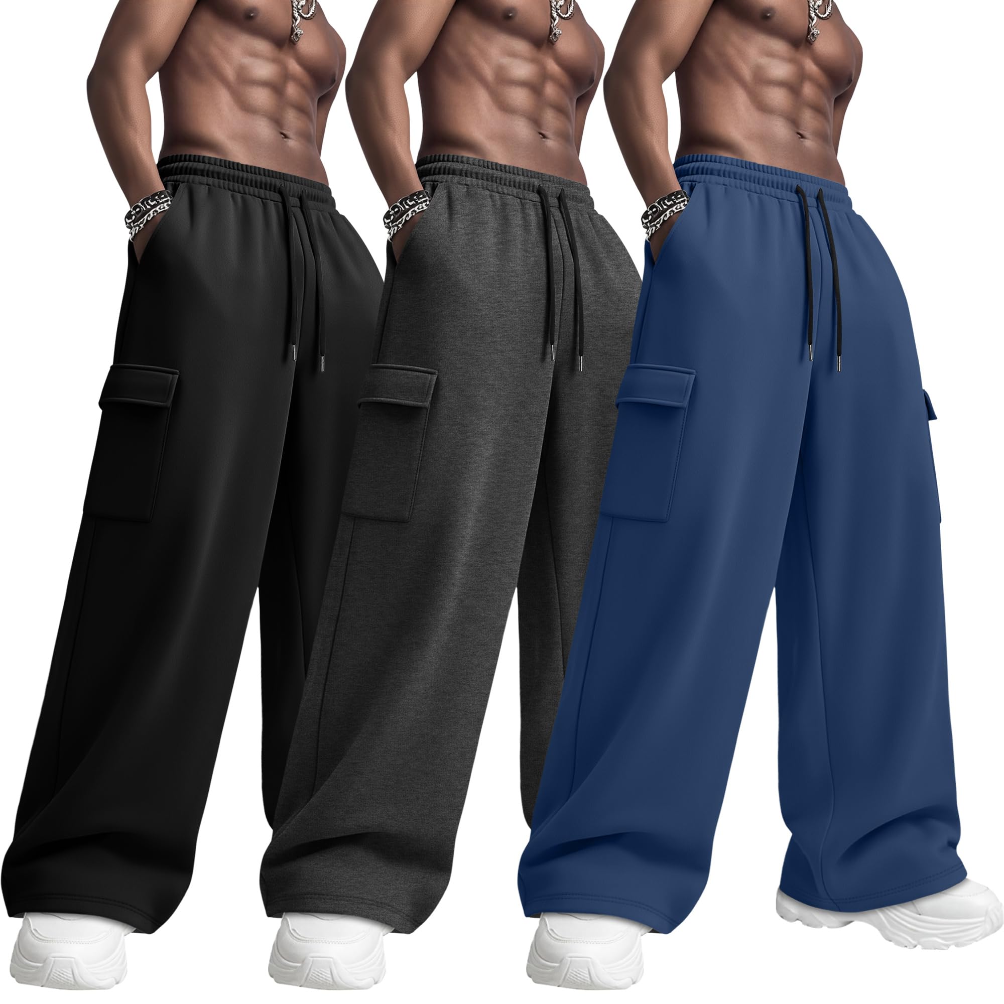 Neer 3 Pack Mens Baggy Cargo Sweatpants Open Bottom Joggers Straight Wide Leg Drawstring Lightweight Lounge Pockets Pants
