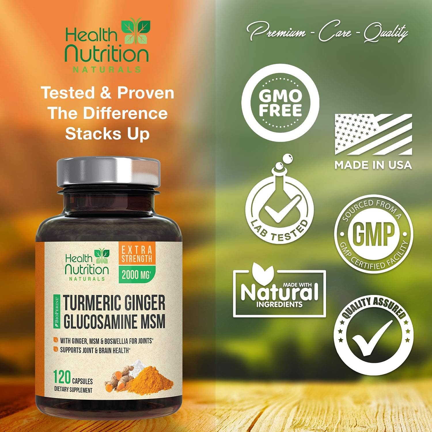 Turmeric Curcumin with Ginger, Glucosamine & MSM 2000mg - BioPerine Black Pepper for Absorption, Made in USA, Natural Immune Support, Turmeric Joint Supplement by Health Nutrition - 120 Capsules