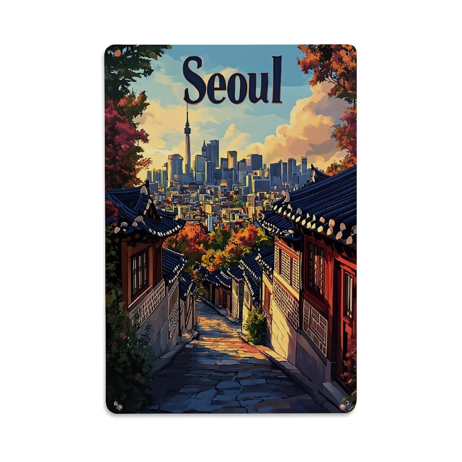 Jdfenggu Vintage Seoul Cityscape Traditional Hanok Alley Retro Metal Tin Sign, Metal Poster For Bar, Home, Man Cave, Kitchen, Laundry Room Art Decor 8X12 Inch