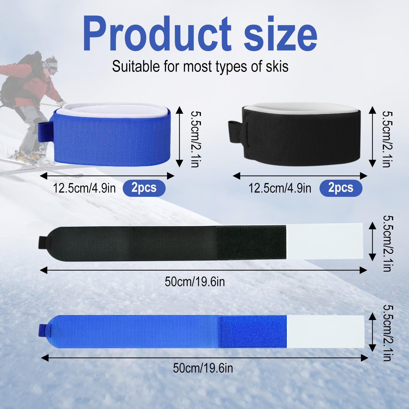 4 Pezzi Ski Straps, Cinghie da Sci, 50x5 cm Fascette per Sci in Nylon Regolabili per Fissare e trasportare Sci e Bastoncini